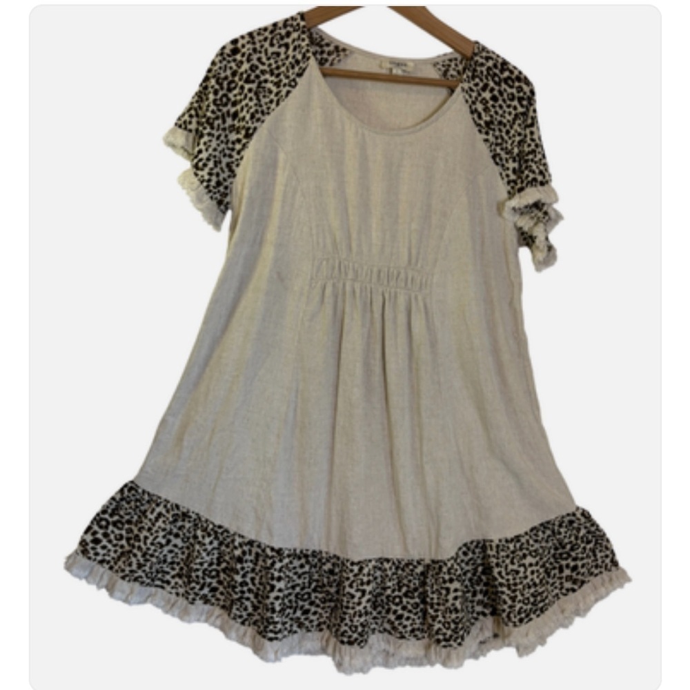 Umgee Babydoll Dress Linen Blend Oatmeal and Leopard Print Sm Boho
